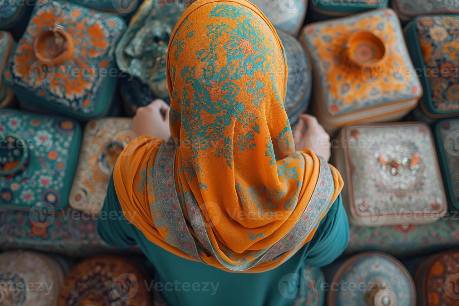 A woman in a vibrant orange hijab stands above intricately patterned boxes, showcasing rich textures and colors. photo