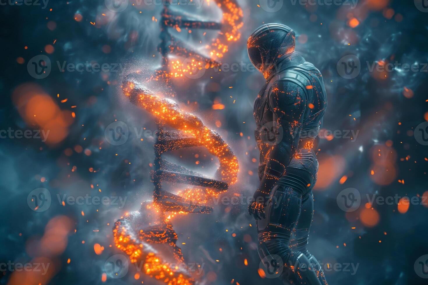 A futuristic male figure stands beside a glowing DNA helix, immersed in a surreal digital landscape. photo