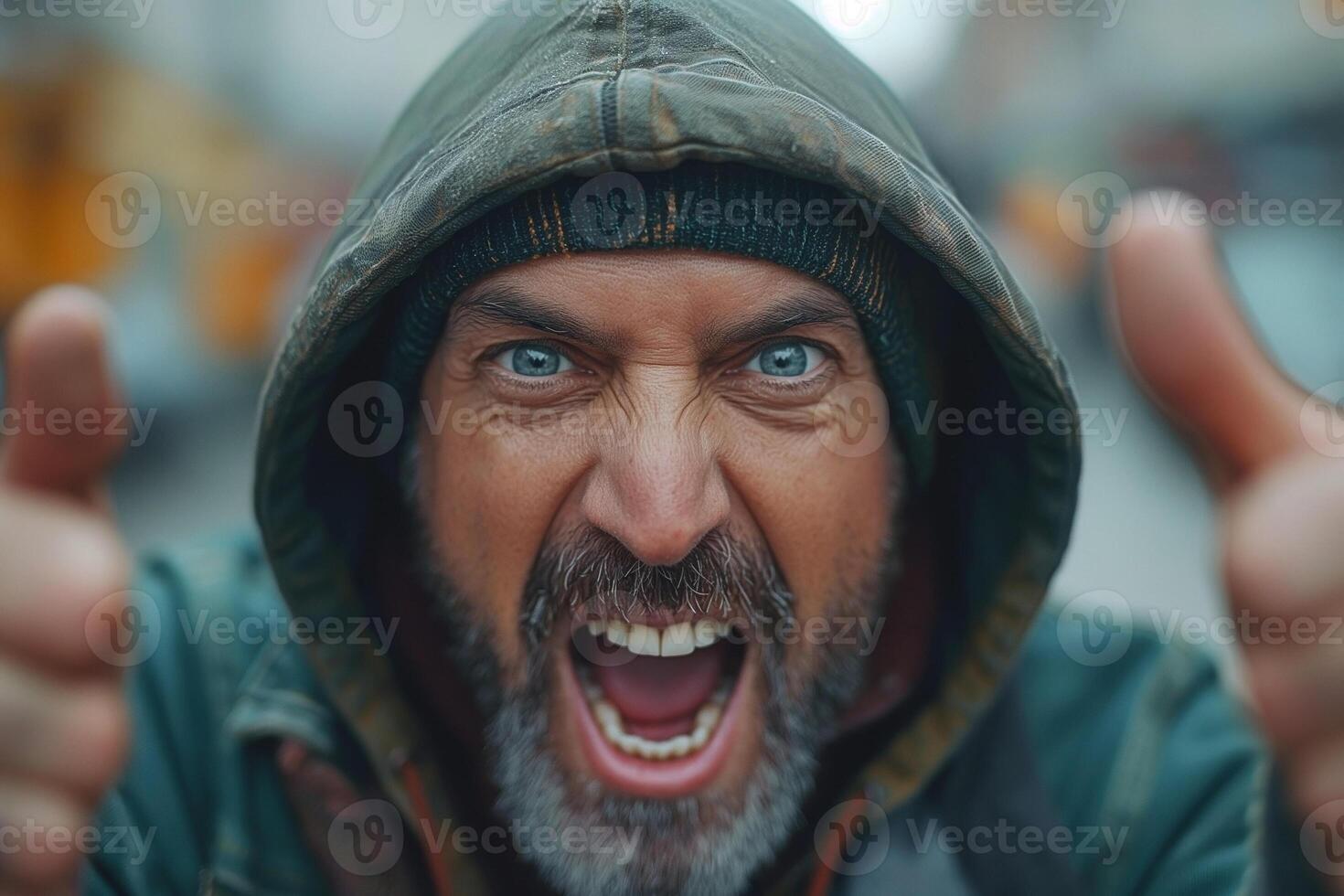 A middle-aged Caucasian man in a hoodie expresses intense emotion with a fierce scream, conveying raw energy and passion. photo