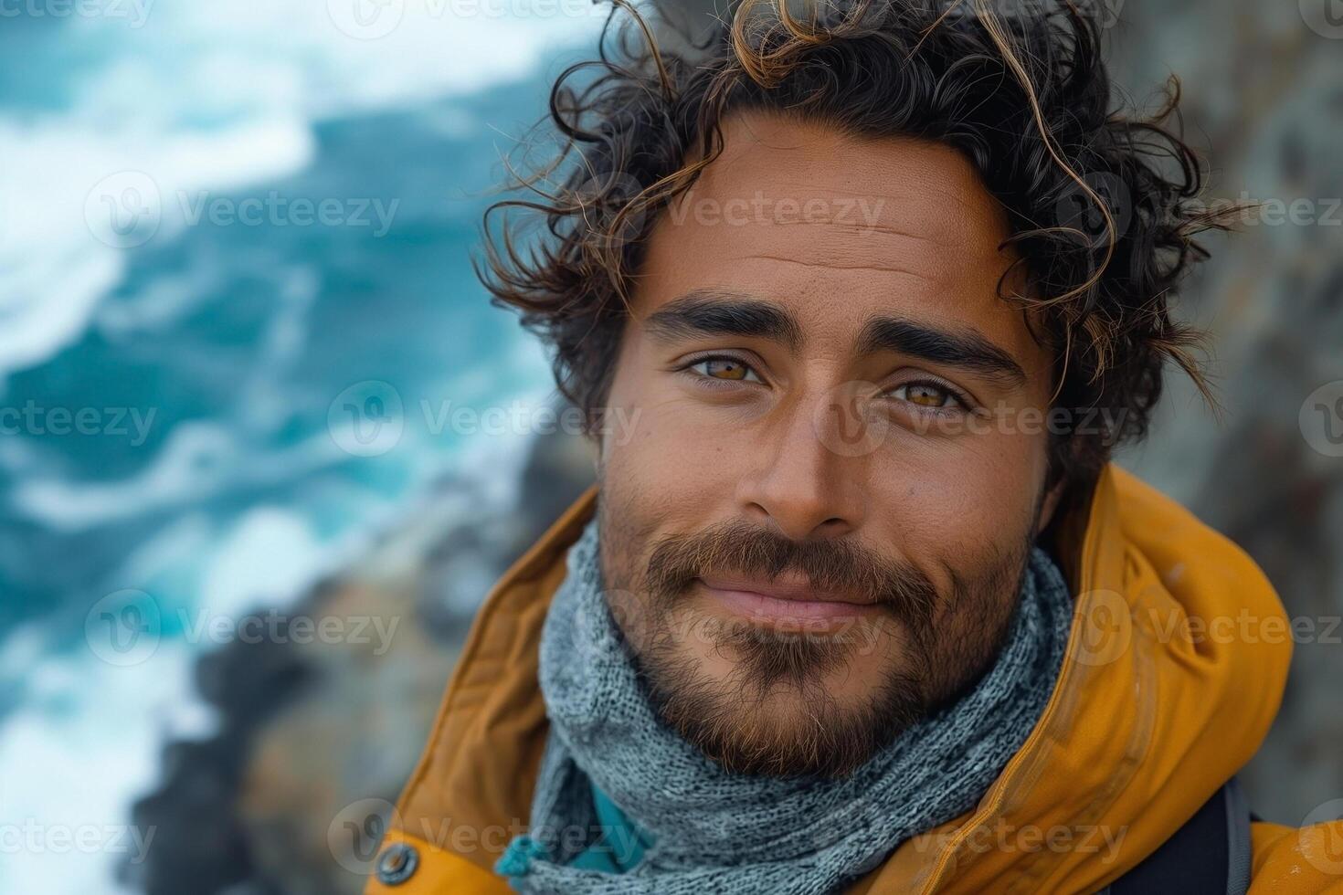 Smiling male adventurer with curly hair and a beard in an orange jacket against a coastal backdrop. photo