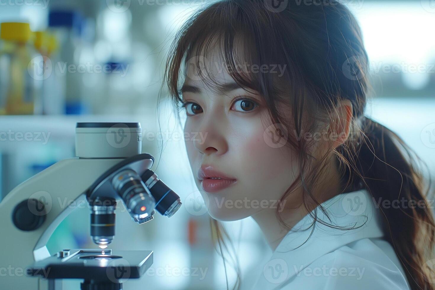 A young Asian woman intently observes through a microscope in a bright laboratory environment. photo