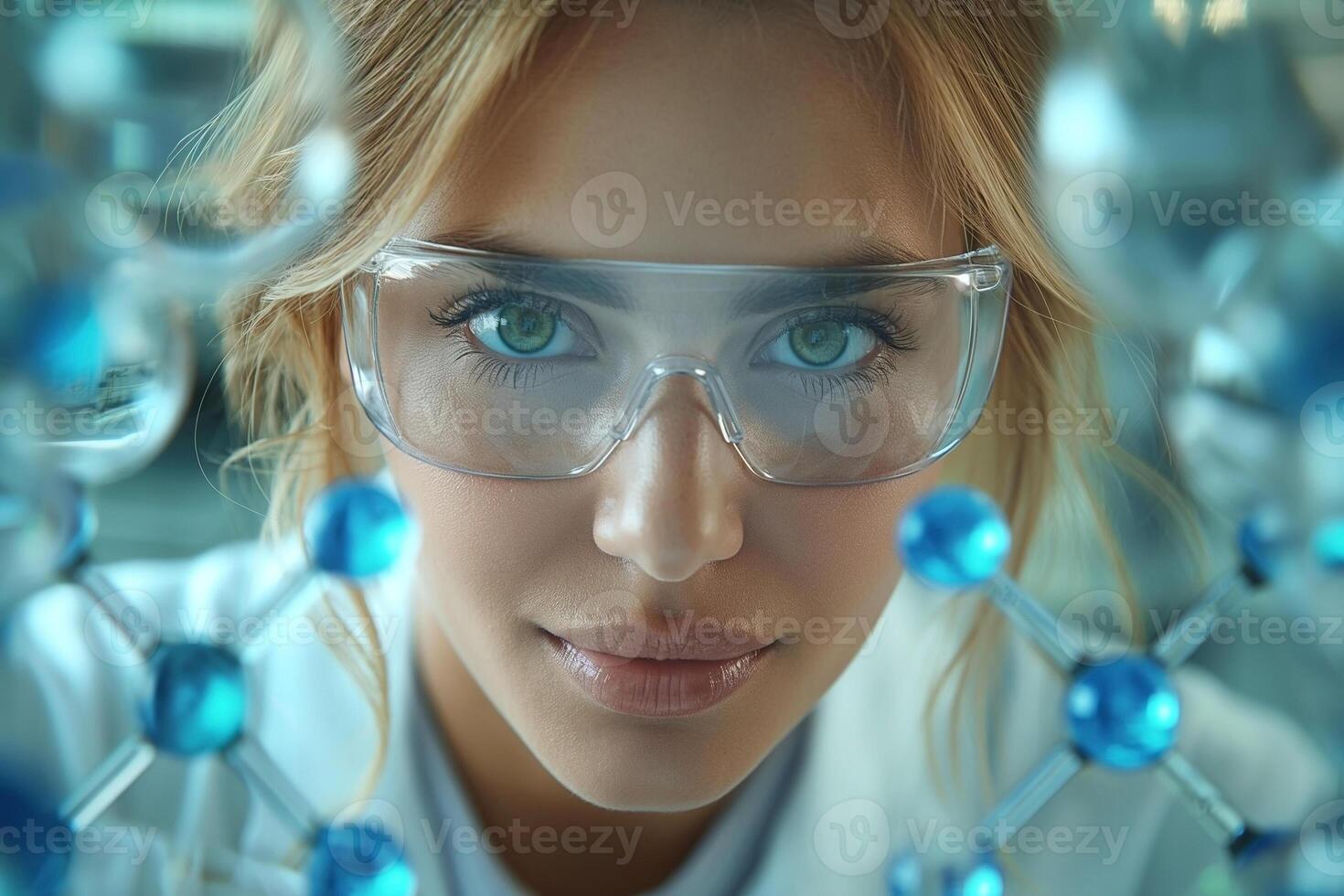 Close-up of a young Caucasian female scientist wearing safety goggles, examining molecular structures in a lab setting. photo