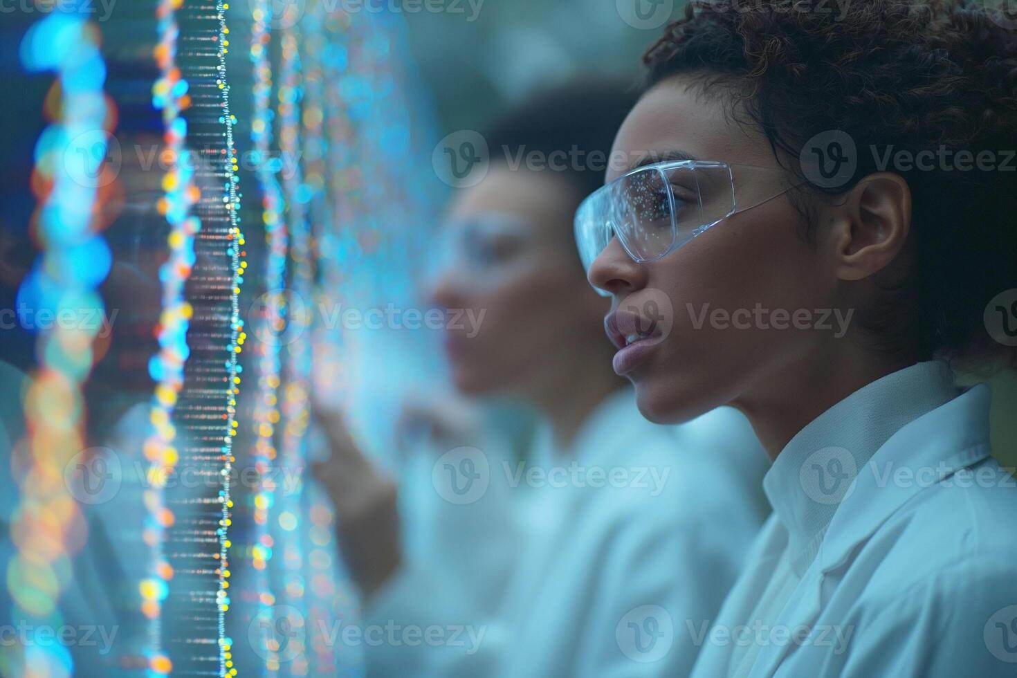 A focused young Black woman in safety goggles observes data displays in a lab setting, surrounded by fellow researchers. photo