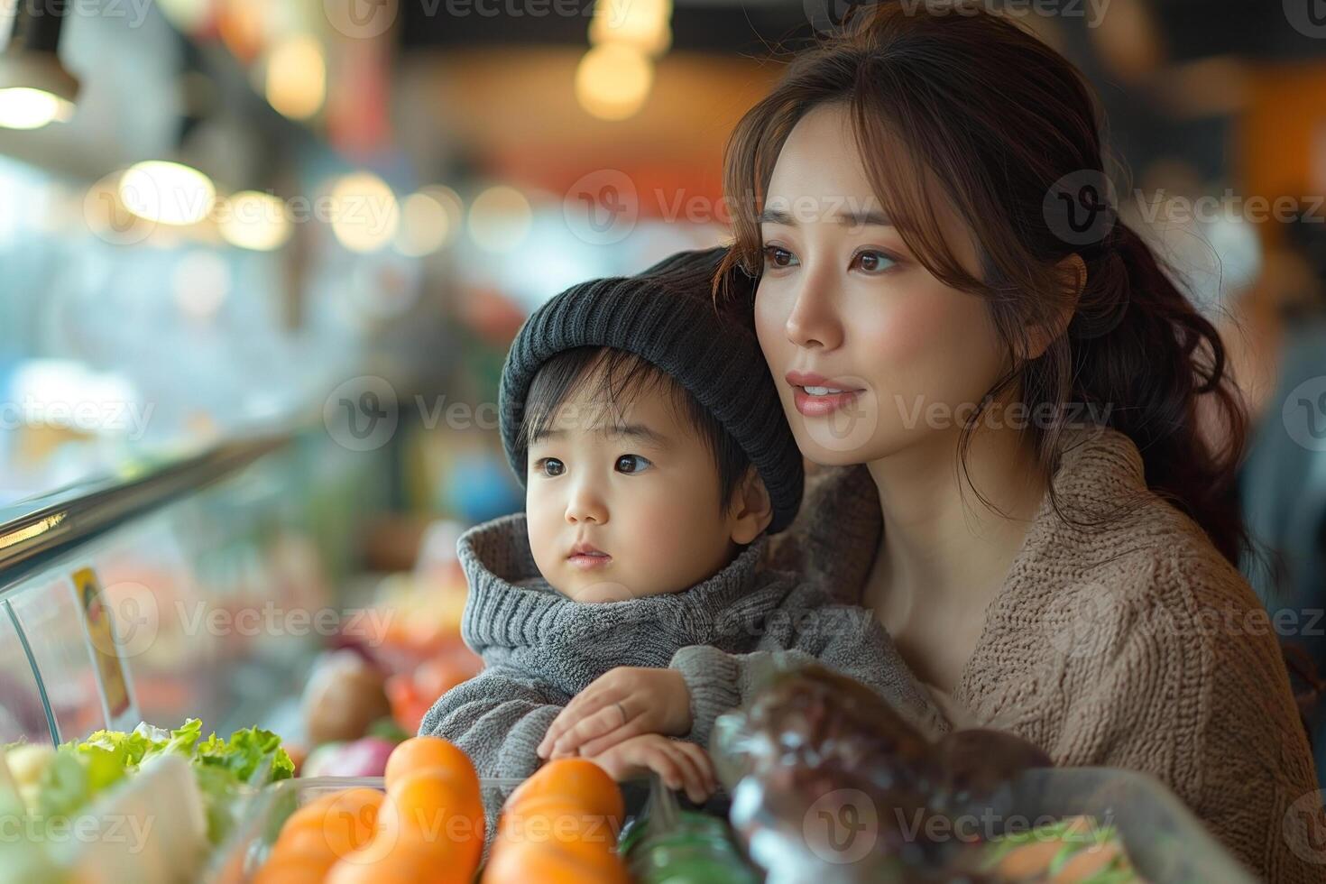 A loving Asian mother and her toddler son cozy up while exploring fresh produce at a market. photo