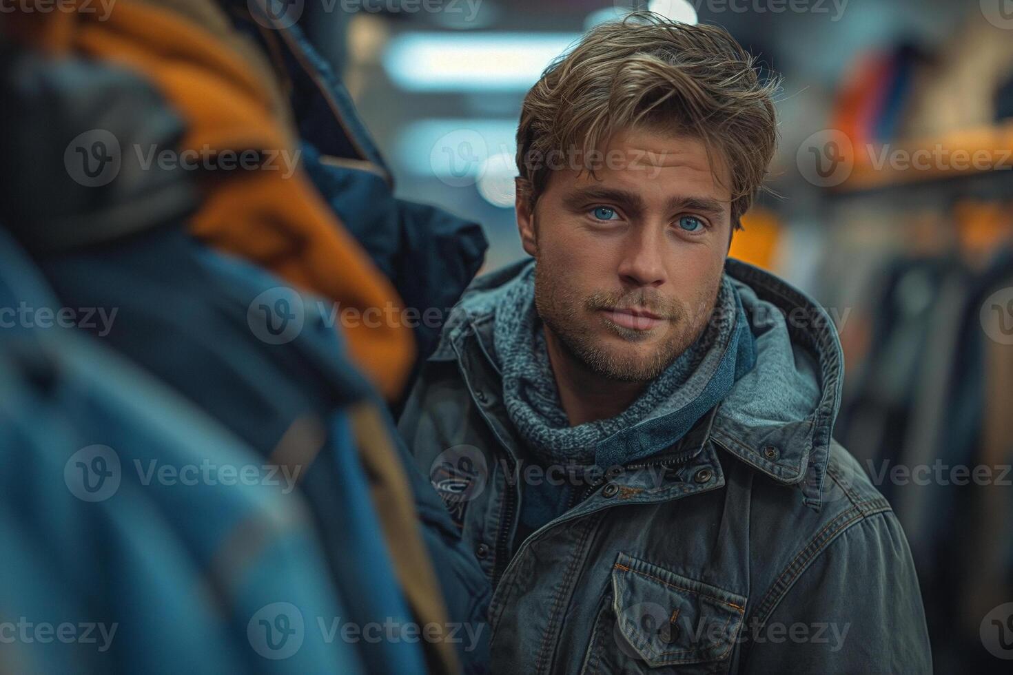 A young Caucasian man with blonde hair and blue eyes poses stylishly among a rack of colorful jackets. photo