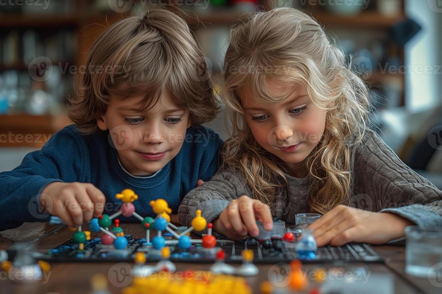 Two children, a boy and a girl, joyfully engage in a board game, showcasing teamwork and concentration. photo