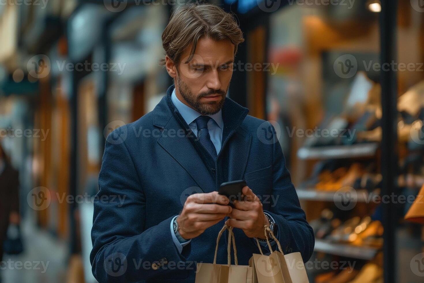 A stylish Caucasian man in a navy blazer and tie checks his phone while holding shopping bags outside a store. photo