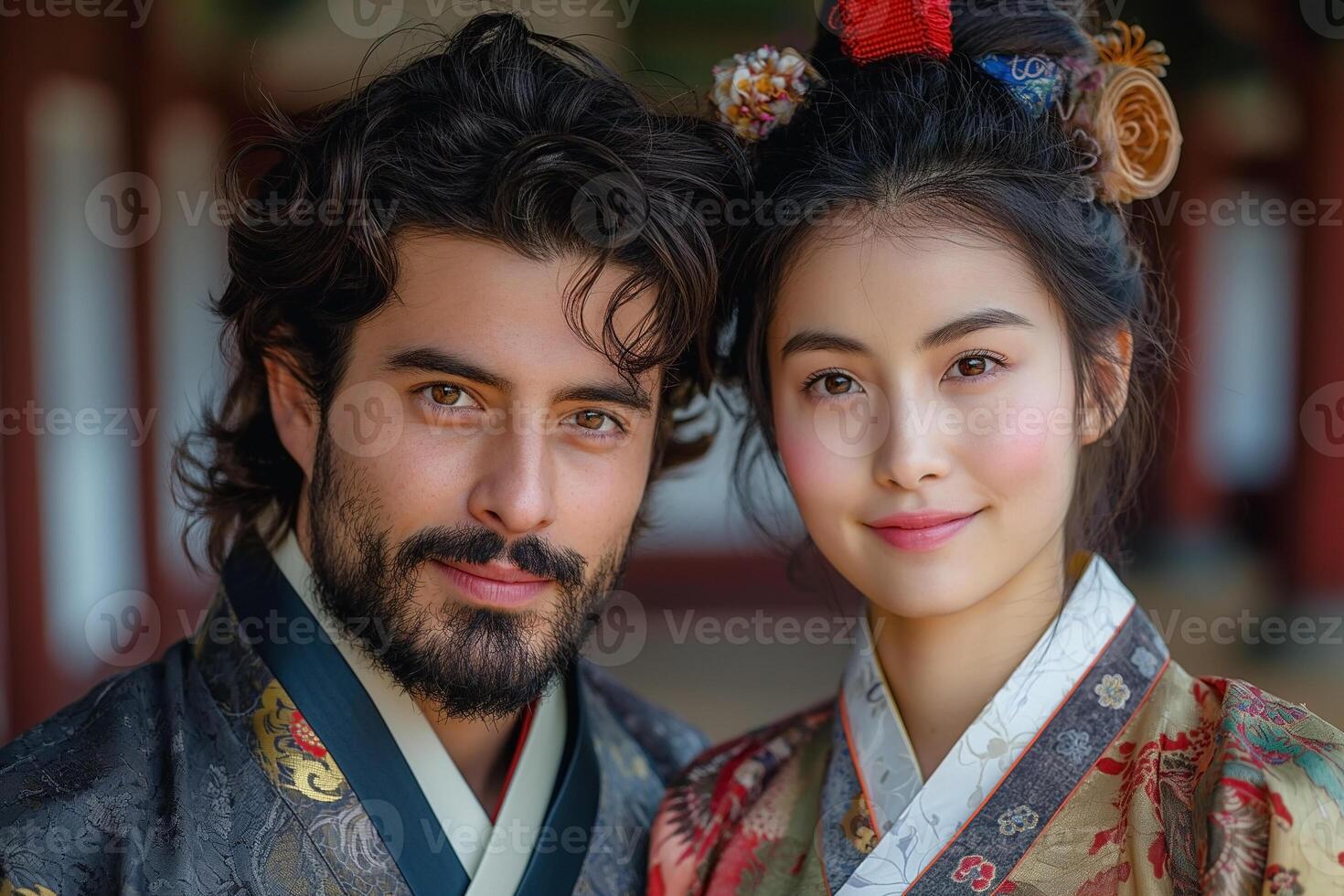 A charming couple, a South Asian male and East Asian female, dressed in traditional garments, smiles warmly in a serene setting. photo