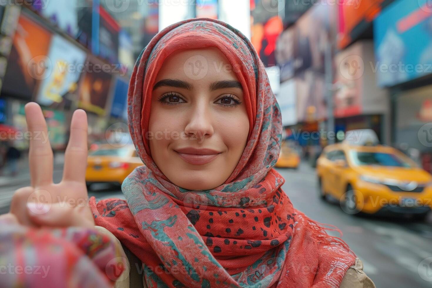 A young Middle Eastern woman in a red hijab flashes a peace sign in Times Square, radiating joy amidst the vibrant city backdrop. photo