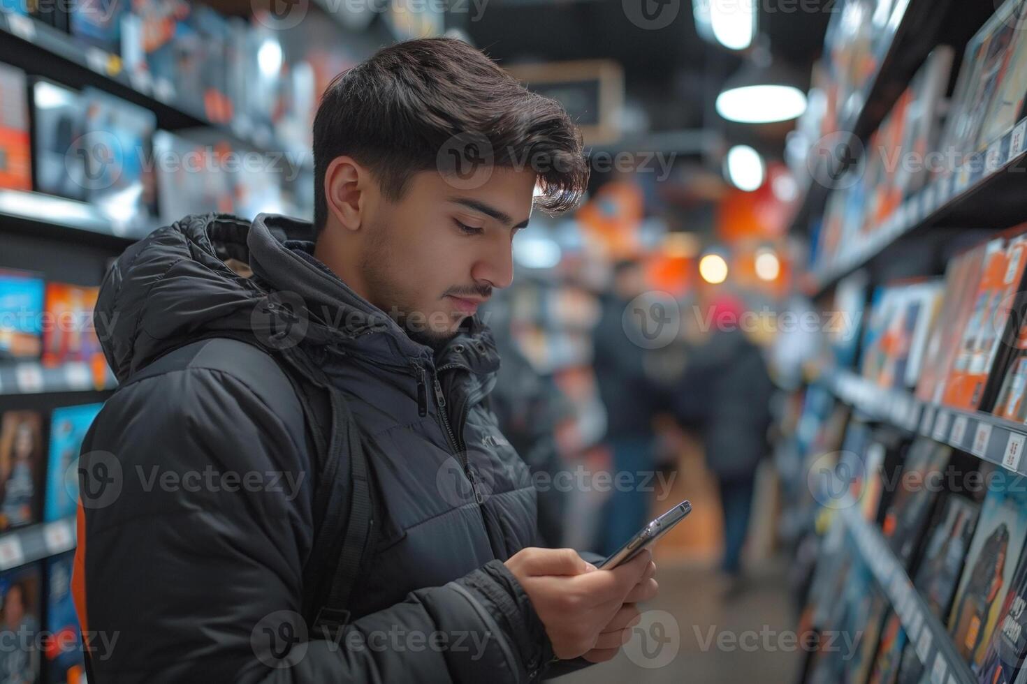 A young Middle-Eastern man in a black jacket, absorbed in his smartphone while browsing a vibrant store aisle. photo