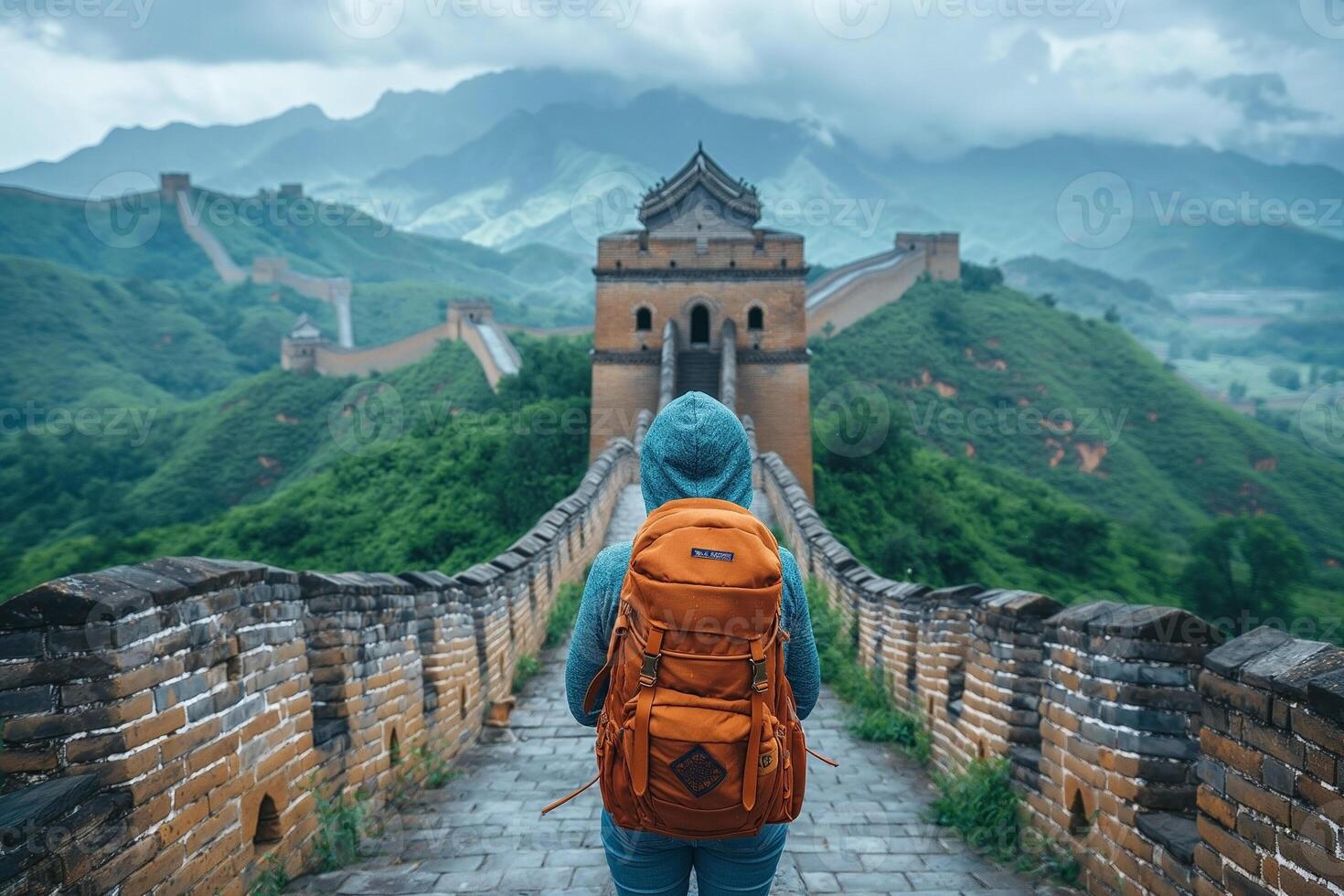 A young Asian woman with a teal hoodie gazes at the Great Wall of China, showcasing vibrant green hills under a moody sky. photo