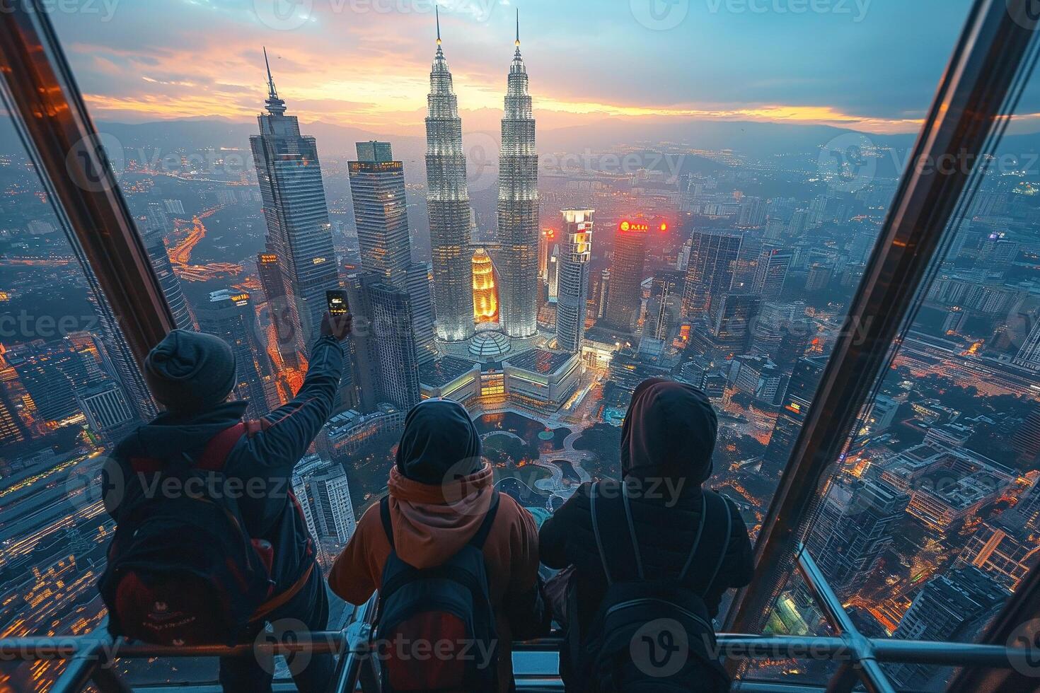 Group of young adults enjoying a sunset view of a city skyline from a high-rise building. photo