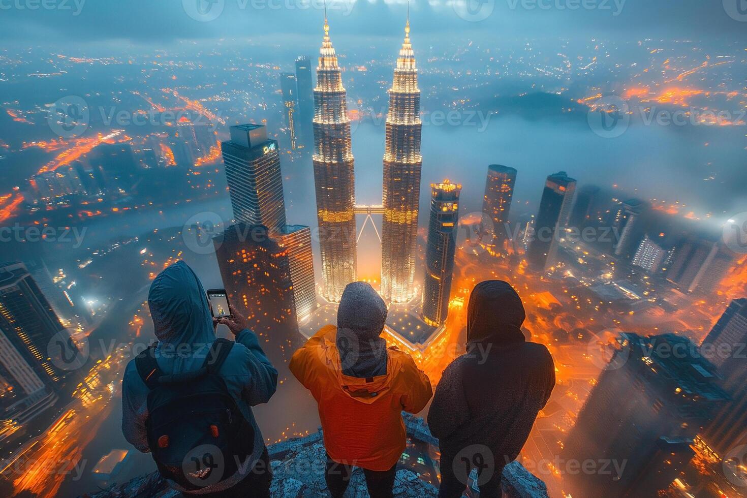 Three individuals admire the breathtaking skyline of Kuala Lumpur, illuminated by city lights, against a misty backdrop. photo