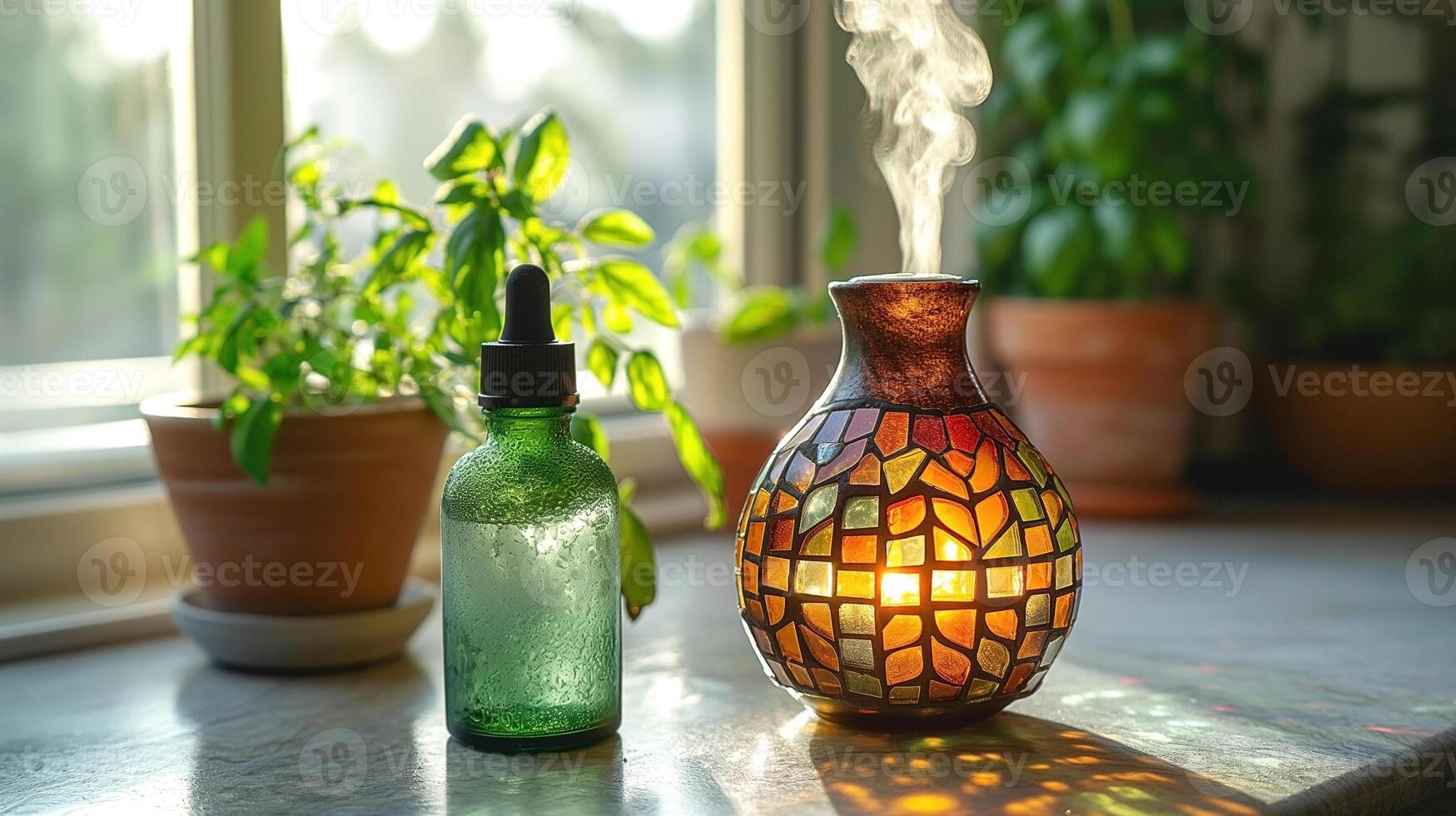 A soothing scene with a colorful essential oil diffuser and a green glass dropper bottle in a sunlit room. photo