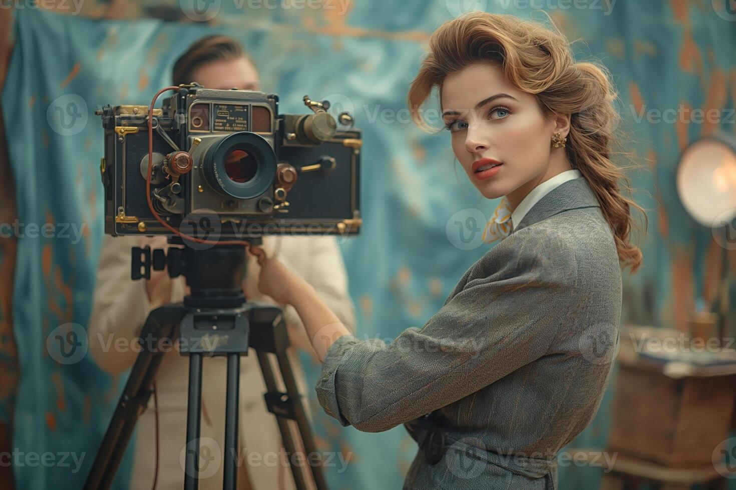 A stylish Caucasian woman poses with a vintage camera in a creative studio setting, exuding confidence and elegance. photo