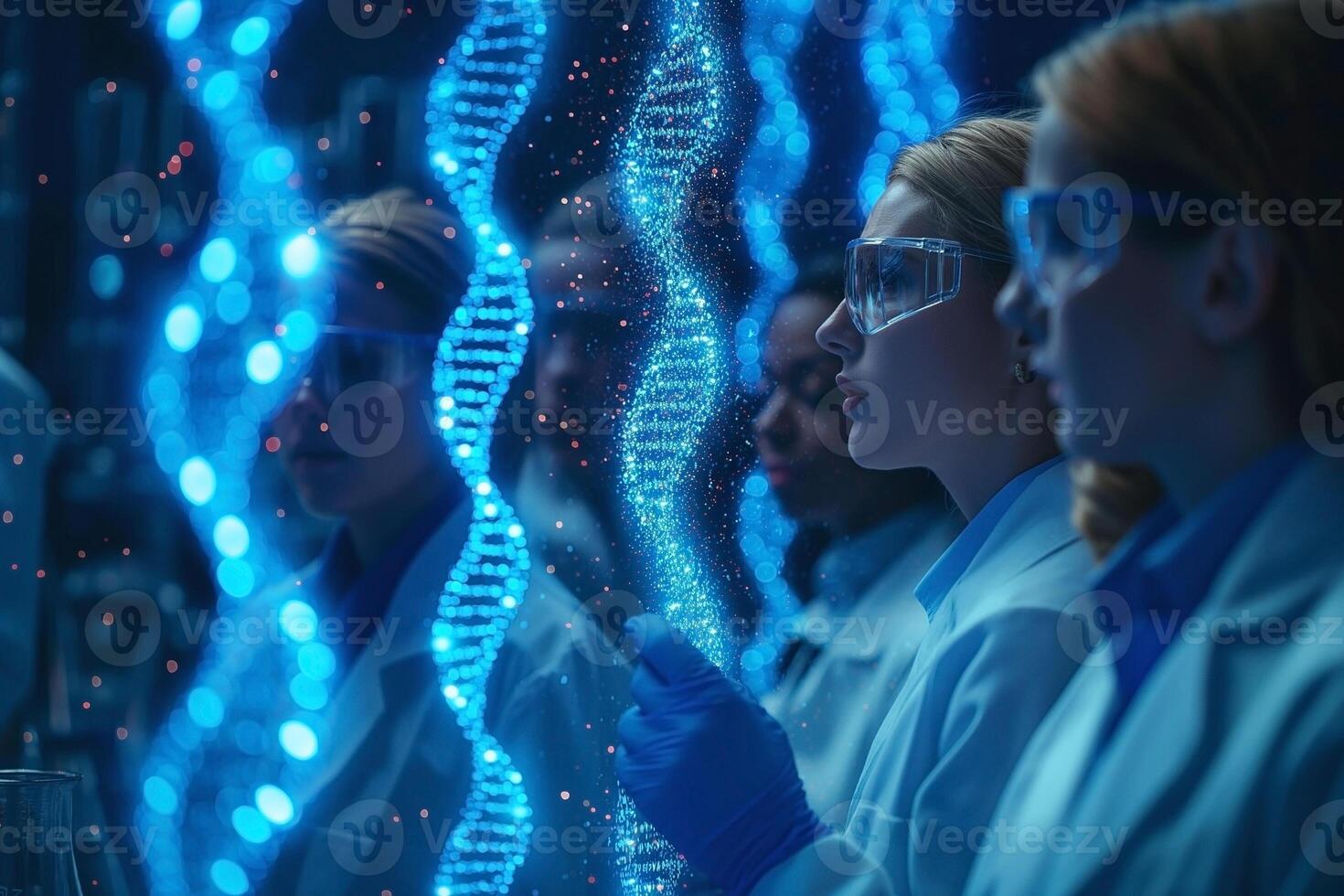 Two female scientists, one of Caucasian descent and one of Hispanic descent, observe DNA strands in a lab setting. photo