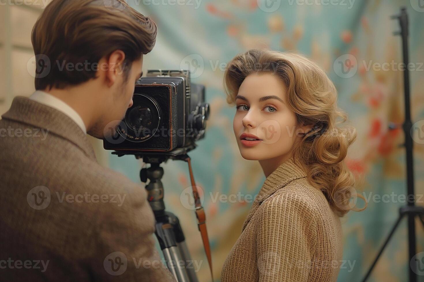 A vintage-inspired portrait of a young Caucasian woman, styled with soft curls, posing for a camera held by a man. photo