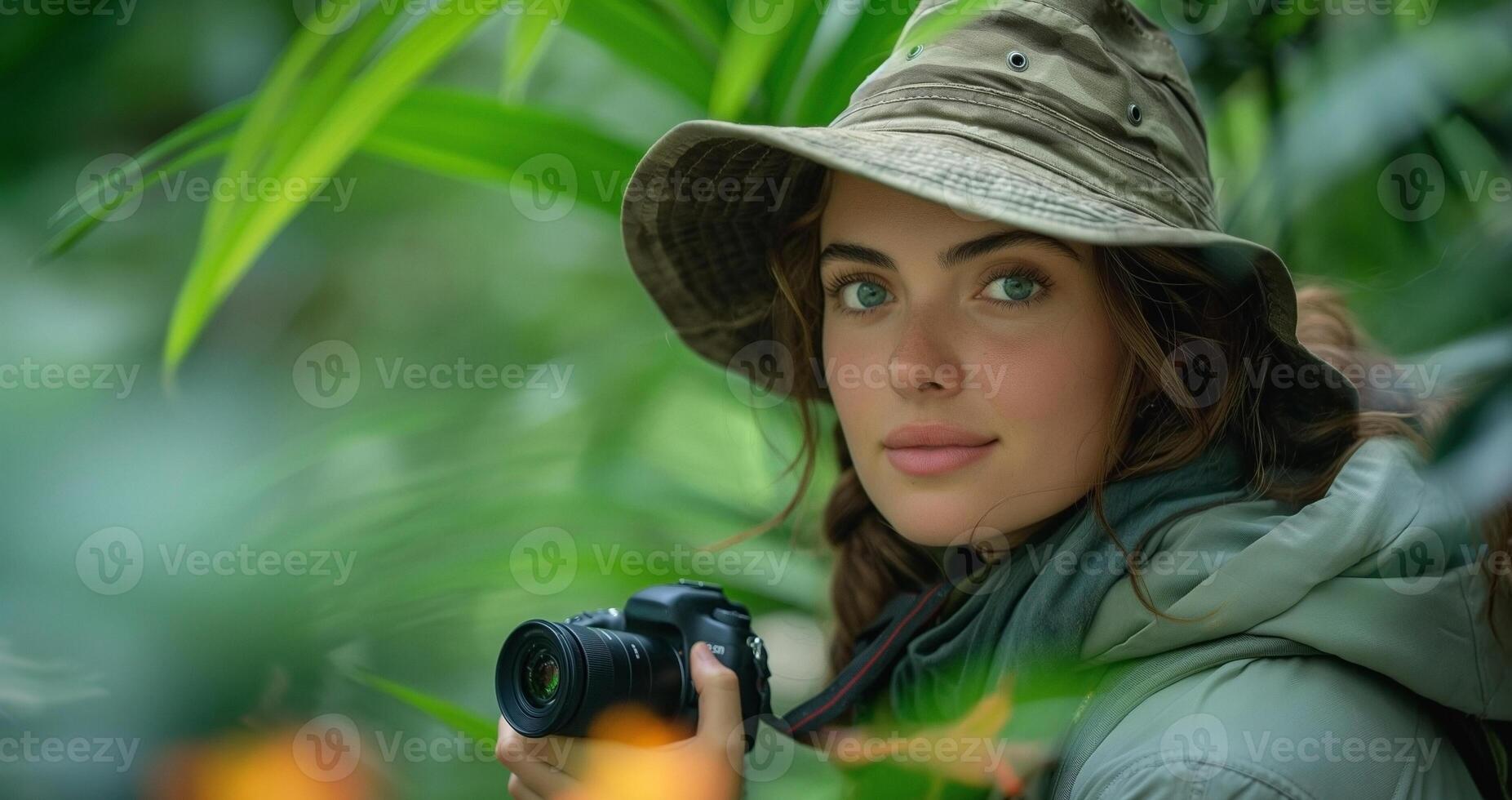 A young woman with long brown hair and striking blue eyes wearing a hat and jacket, holding a camera in a lush green setting. photo