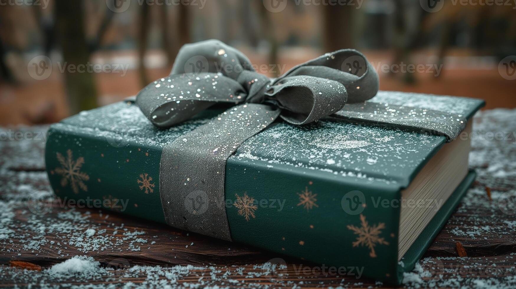 A beautifully wrapped green gift book with a silver ribbon, resting on a wooden surface dusted with snow. photo