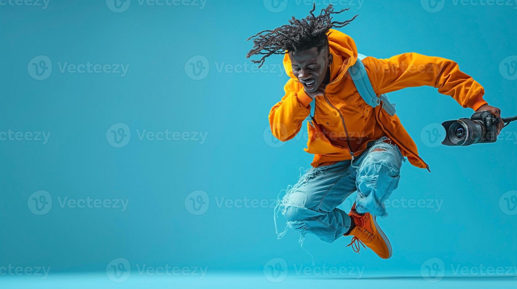 A joyful Black male photographer jumps in the air, showcasing creativity and passion, wearing an orange hoodie and carrying a camera. photo
