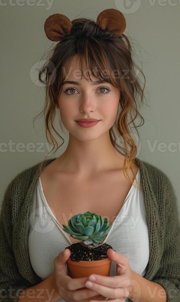 A young woman with brown hair and bear ear headband lovingly holds a succulent plant in a small pot against a neutral background. photo