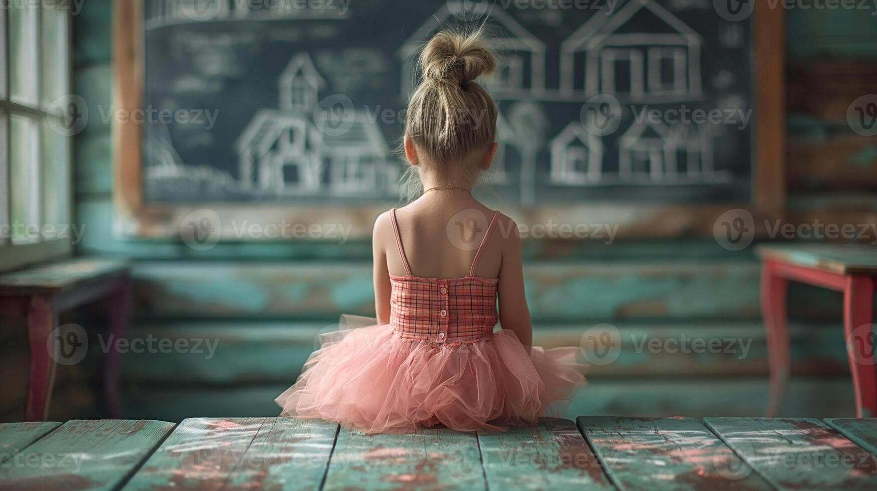 A young girl in a pink tutu sits quietly, gazing at a chalkboard filled with house sketches, evoking a sense of creativity and wonder. photo