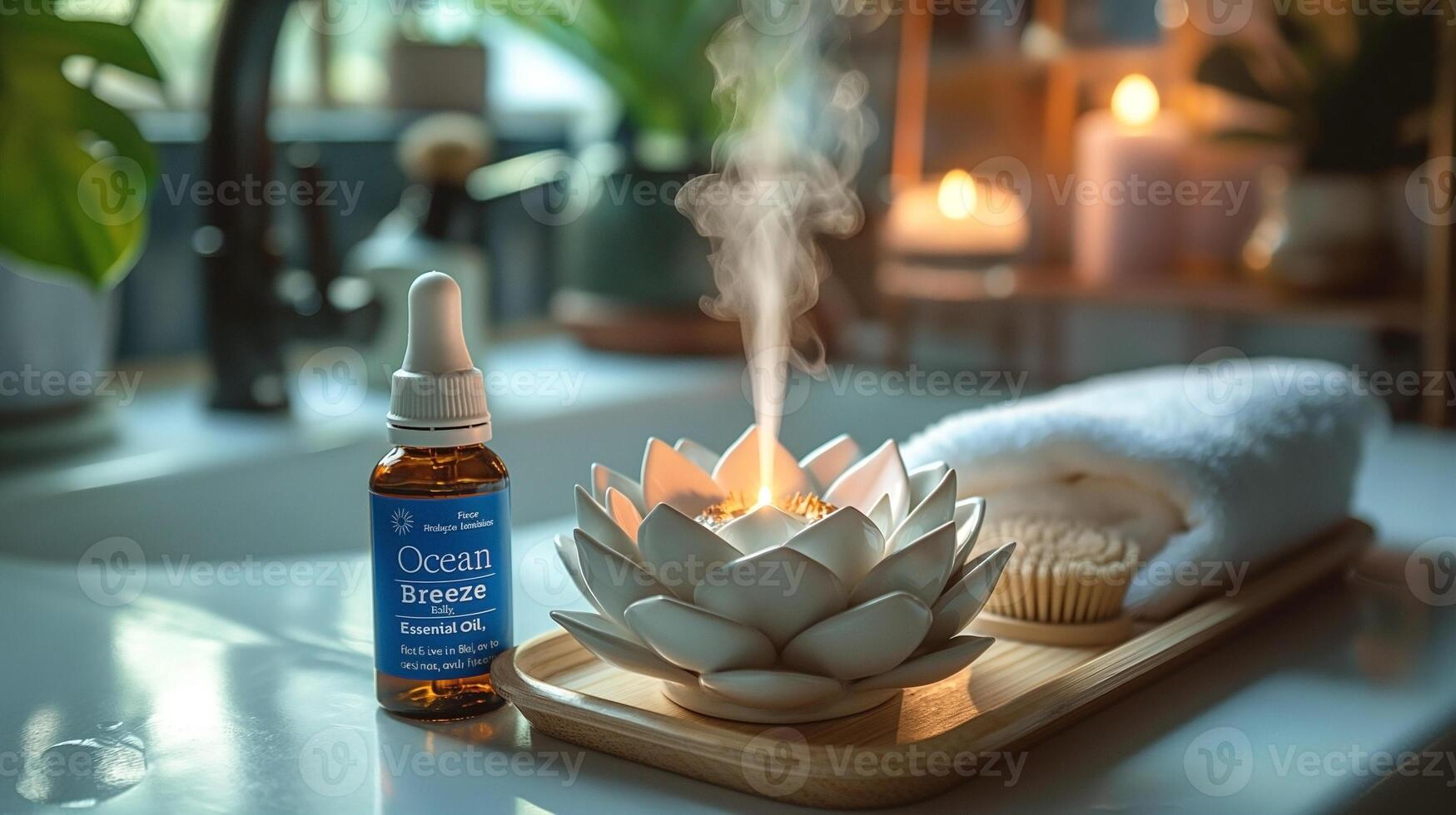 A serene setting featuring a white lotus diffuser, essential oil, and towels, creating a calming spa atmosphere. photo