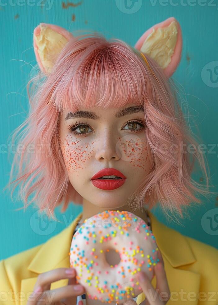 A young woman with pink hair and cat ears holds a colorful donut, radiating playful energy and whimsical charm. photo
