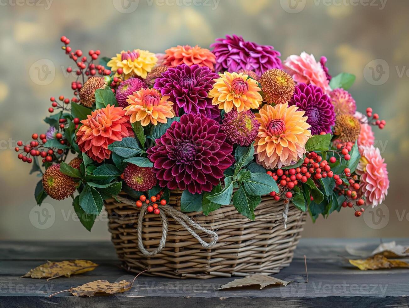 A vibrant arrangement of colorful dahlias and berries in a rustic basket, showcasing autumn's beauty. photo