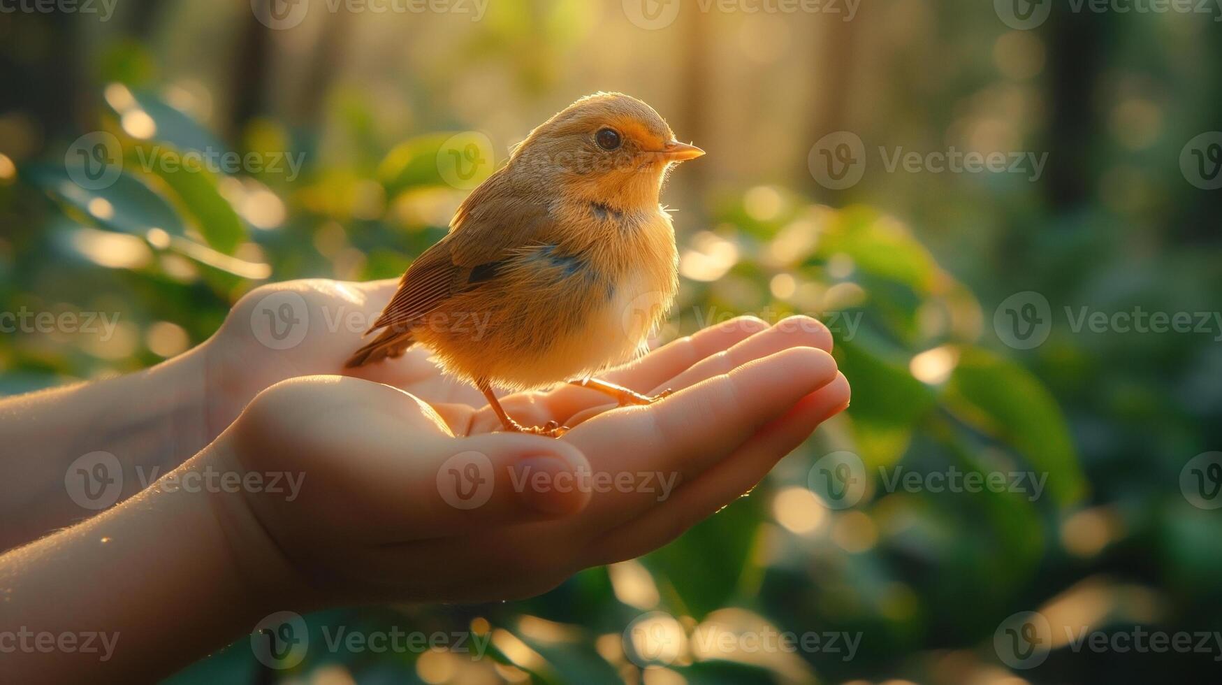 A small, fluffy bird resting on a child's hand, surrounded by soft greenery in a warm sunset glow. photo