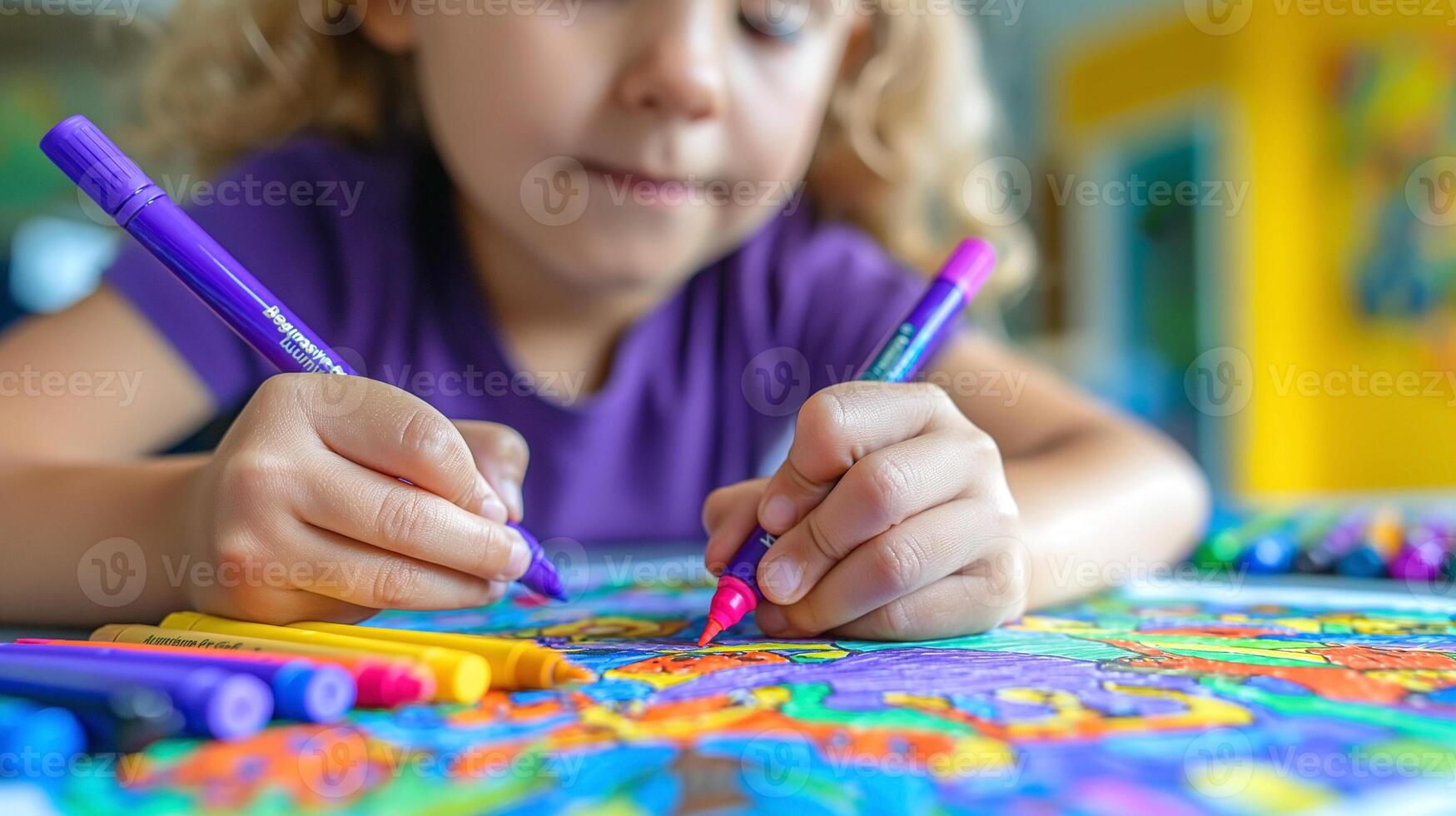 A young girl with curly hair concentrates as she colors with vibrant markers, creating a lively artwork on a colorful page. photo