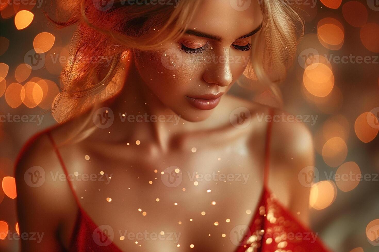 A young Caucasian woman in a red dress softly gazes downward, illuminated by warm, sparkling bokeh lights. photo