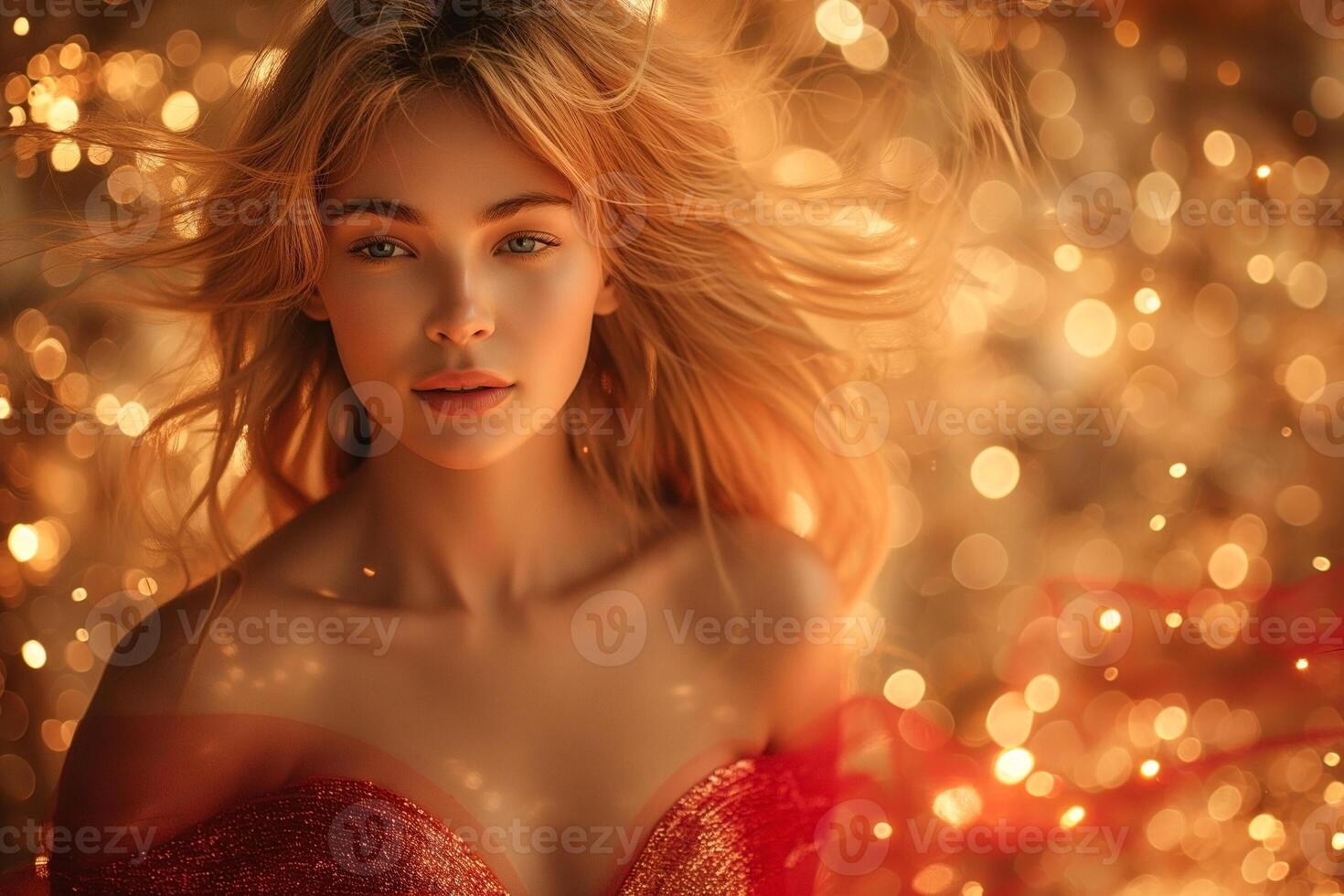 A young Caucasian woman with flowing blonde hair poses amidst a golden bokeh background, radiating warmth and elegance. photo