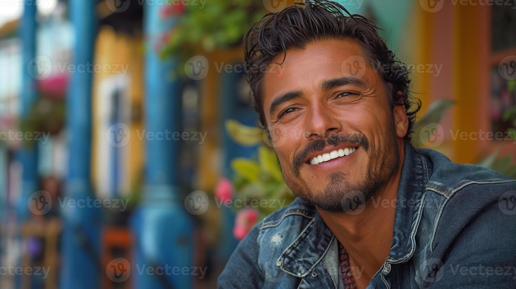 Smiling Hispanic man in a denim jacket, surrounded by vibrant colorful architecture and greenery. photo