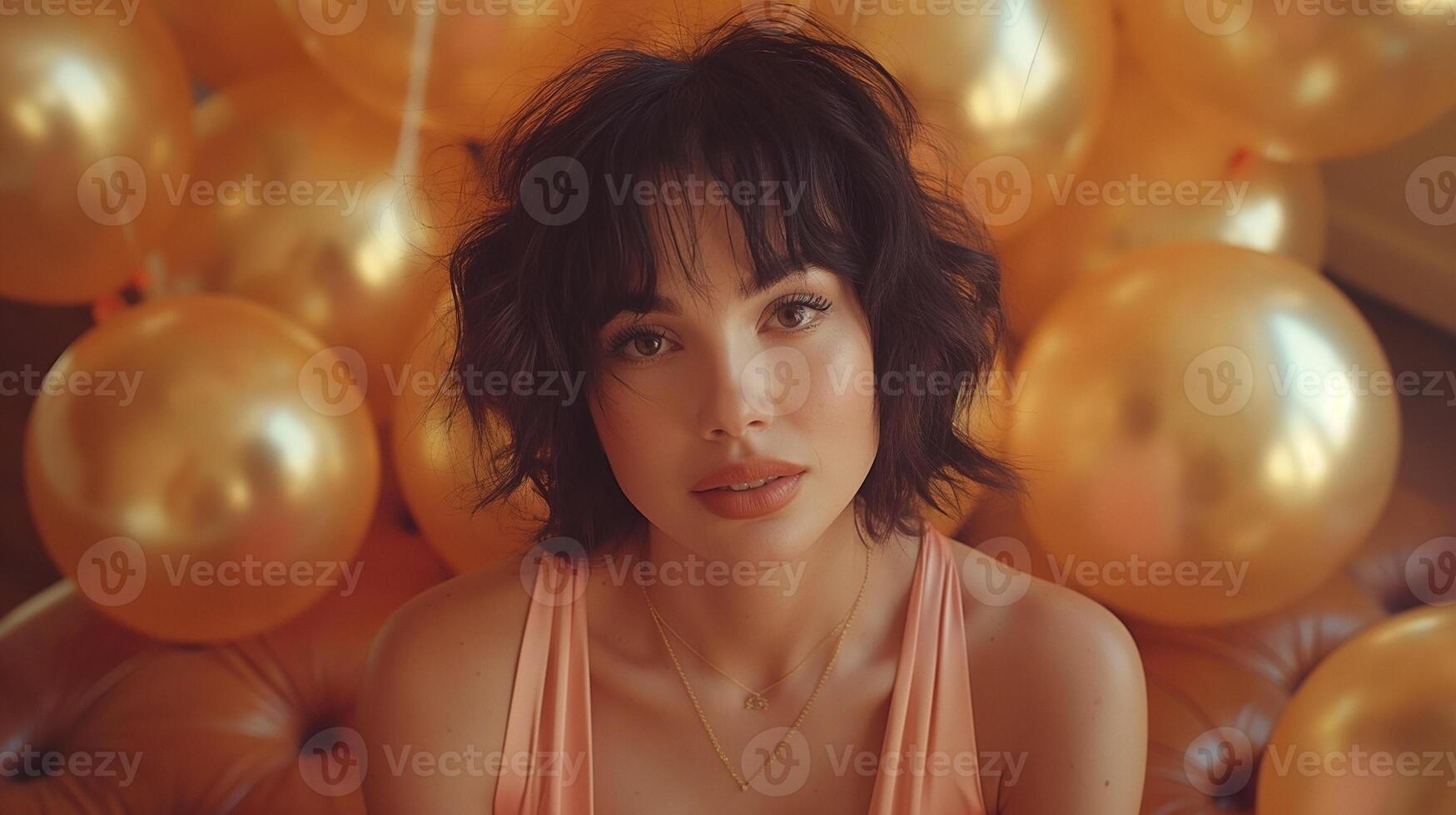 A young woman with dark hair gazes thoughtfully amidst shimmering gold balloons. photo