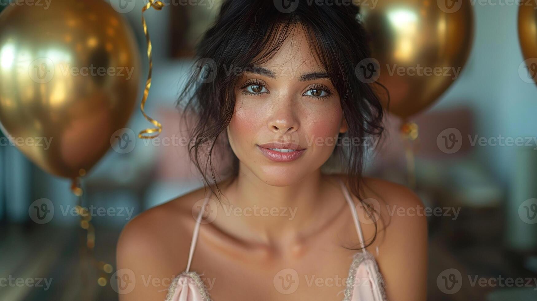 A young Hispanic woman with glowing skin and soft expression, surrounded by golden balloons, exuding a celebratory mood. photo