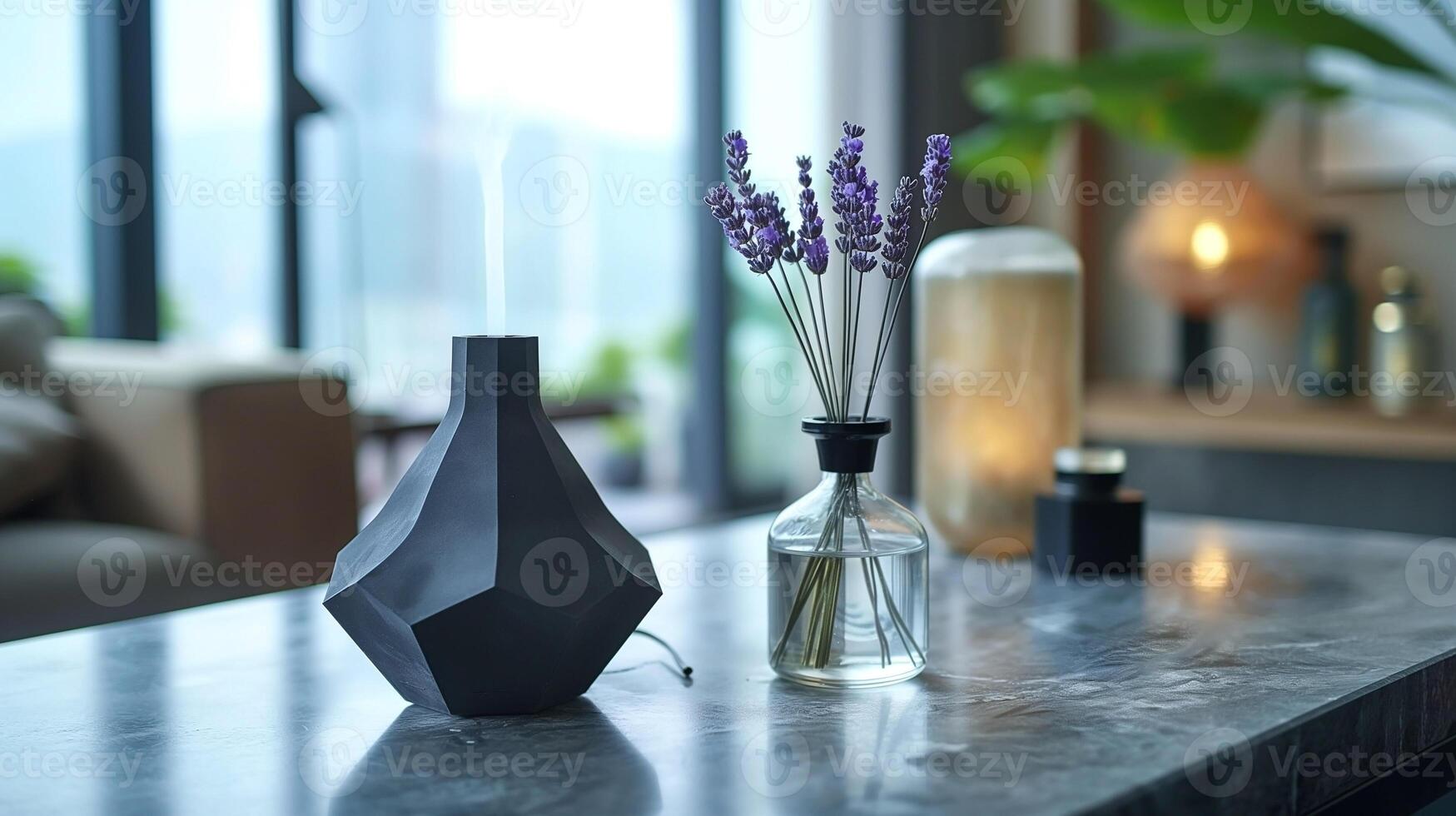 A stylish modern living room decor featuring a geometric diffuser and a vase with lavender flowers. photo