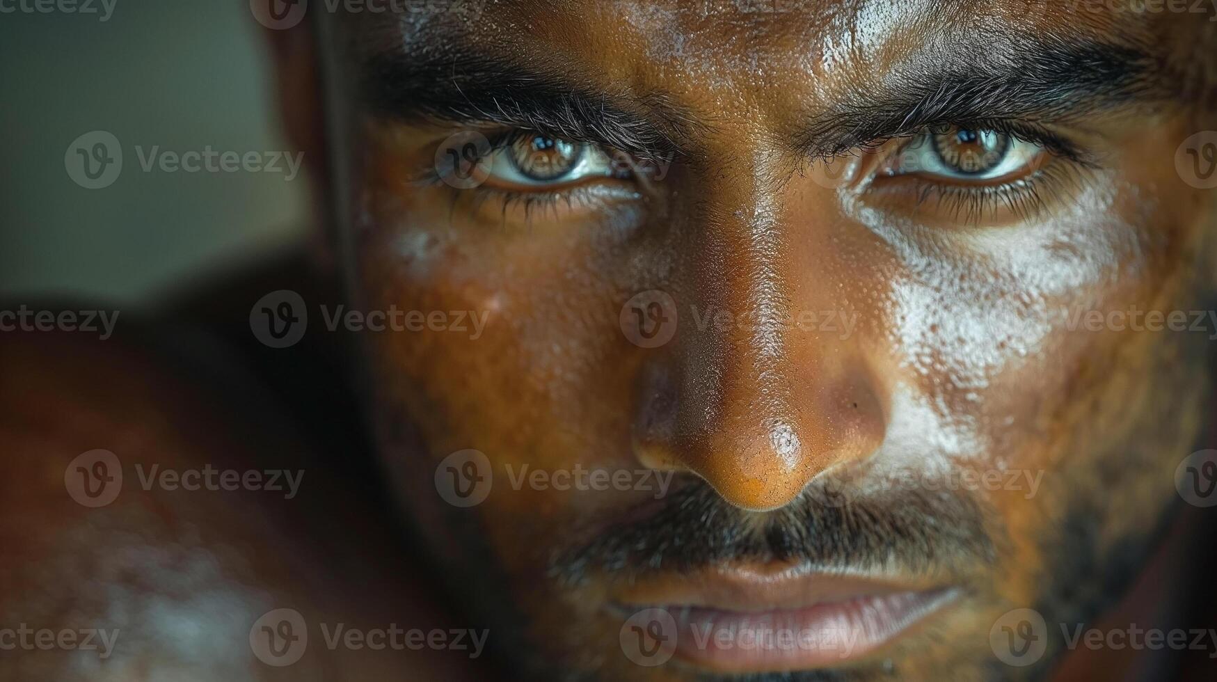 Close-up portrait of a male with dark skin and intense brown eyes, showcasing deep emotions and captivating expression. photo