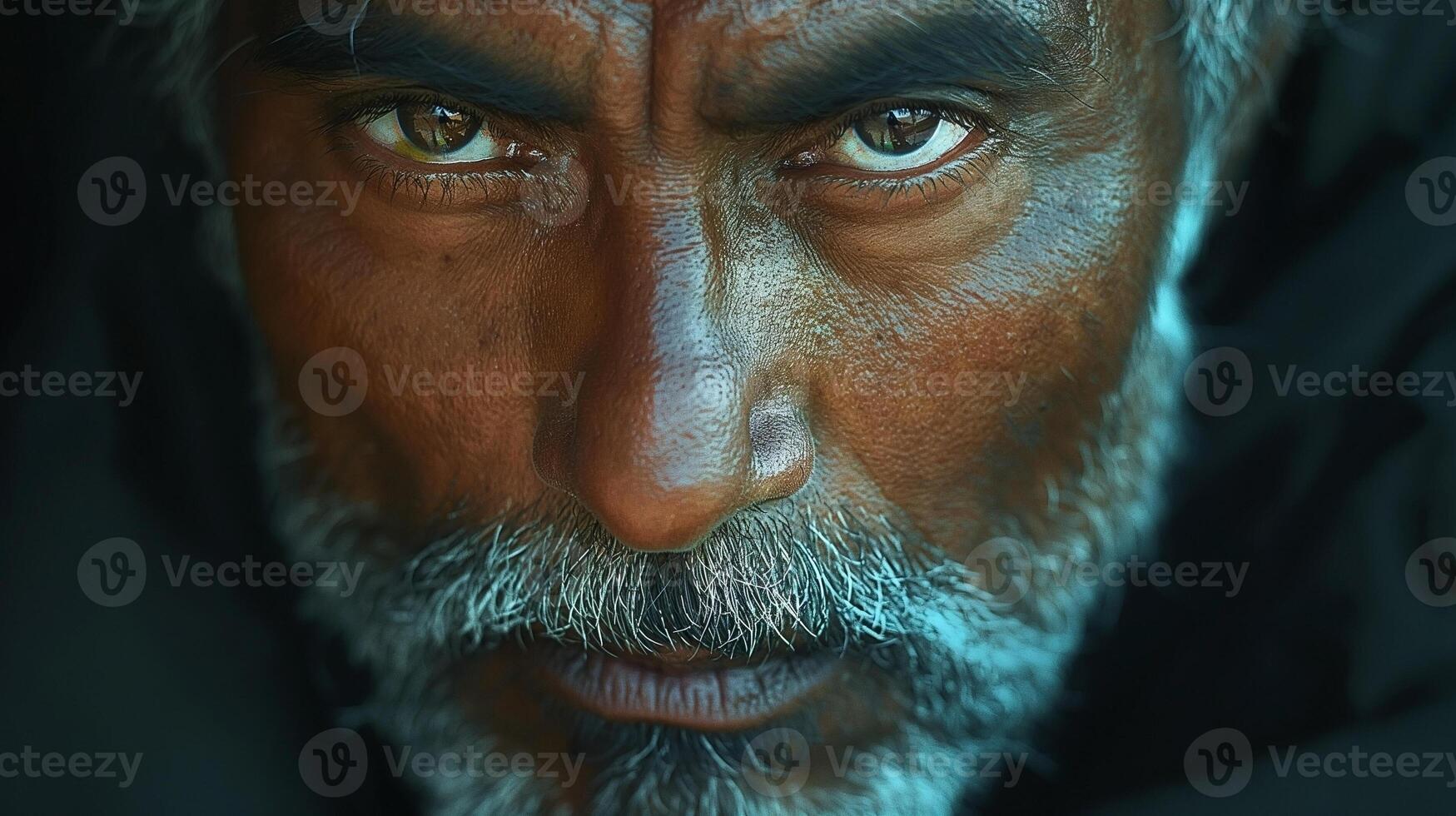 Close-up of a mature South Asian man with striking facial features and an intense gaze, showcasing wisdom and depth. photo