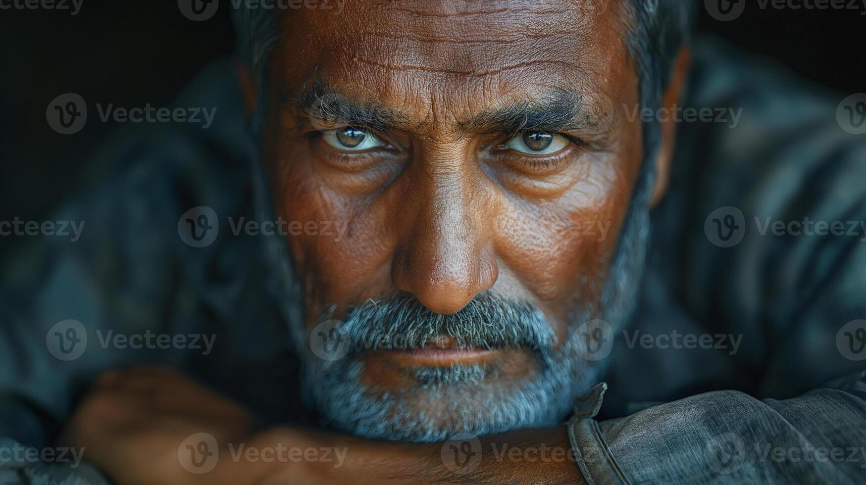 Intense expression of an older South Asian man with deep-set eyes and a weathered face, reflecting resilience and wisdom. photo