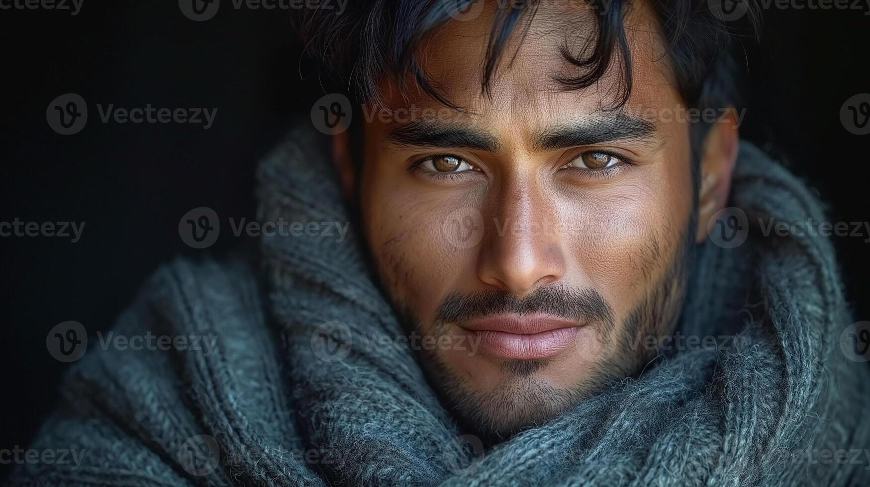 Close-up portrait of a young South Asian man wrapped in a cozy grey scarf, exuding confidence and warmth. photo