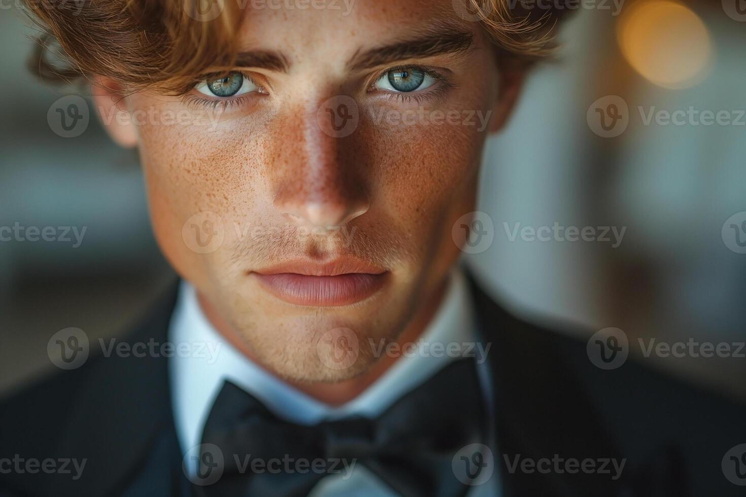 A young Caucasian male with striking blue eyes and tousled hair, dressed in a classic tuxedo, exudes elegance and charm. photo