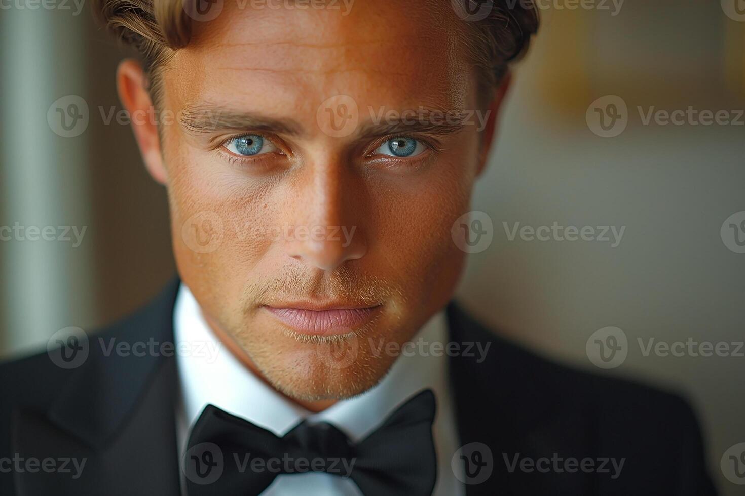 A handsome Caucasian man in a tuxedo exudes confidence with piercing blue eyes and styled hair. photo