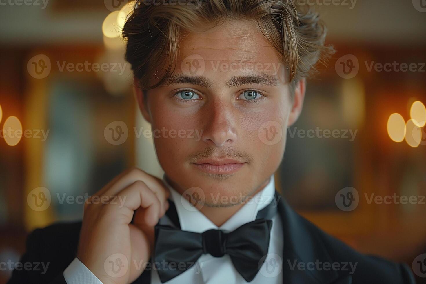 A handsome young Caucasian man adjusts his bow tie, exuding sophistication and charm in a formal setting. photo