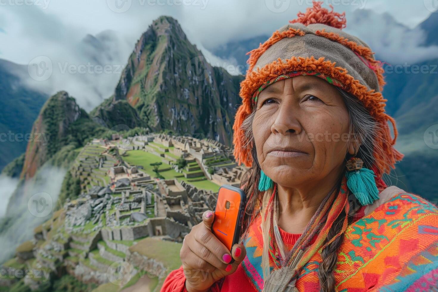 An older Indigenous woman in traditional clothing poses with a smartphone, overlooking Machu Picchu shrouded in mist. photo