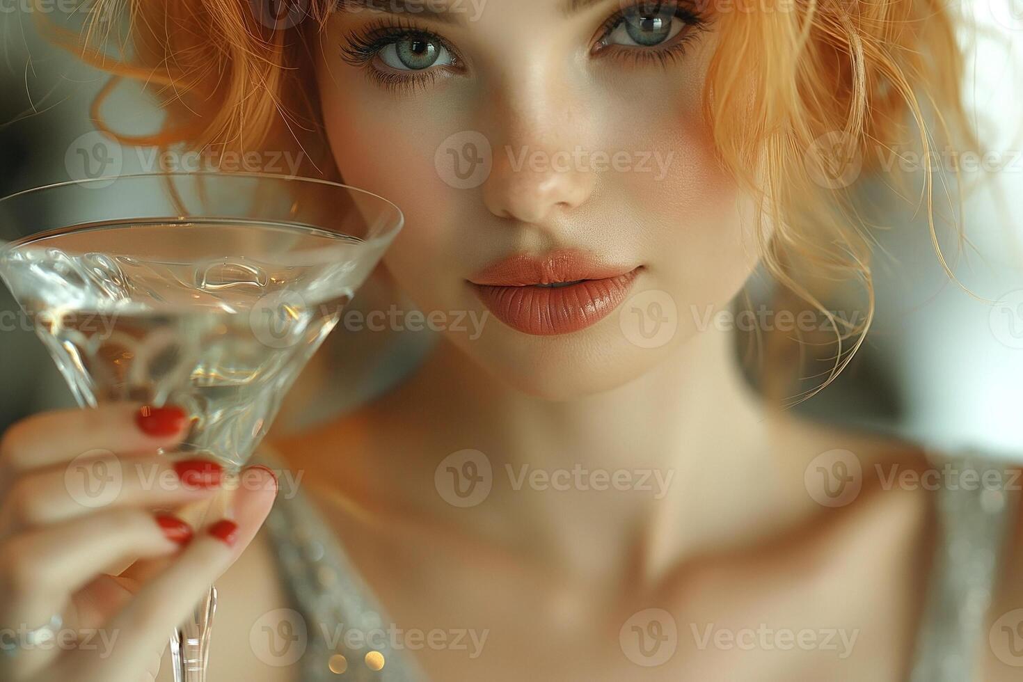 A close-up portrait of a young Caucasian woman with striking orange curls, holding a martini glass elegantly. photo