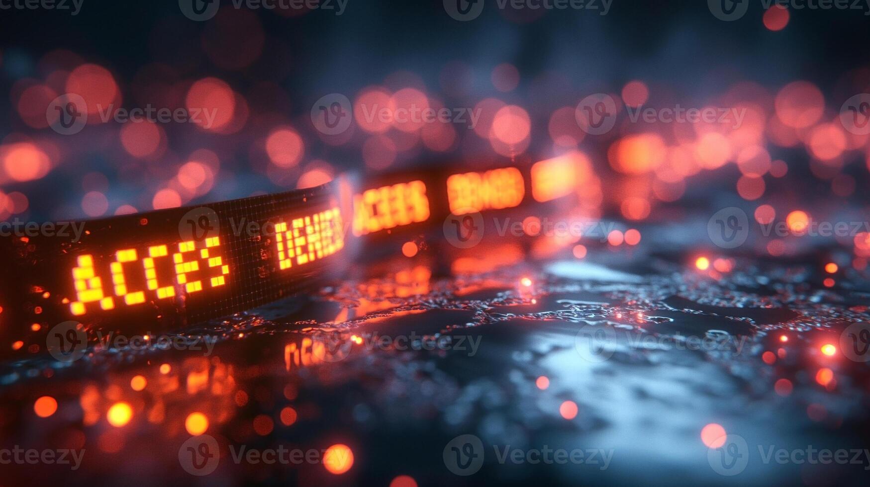 Vibrant abstract image featuring glowing red access denied signs against a blurred background, evoking a sense of caution and digital tech. photo