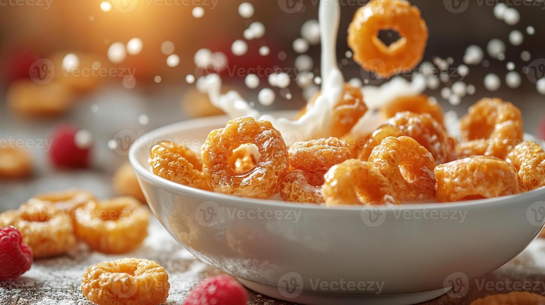 Delicious cereal rings splashing in milk, surrounded by fresh raspberries, capturing a vibrant breakfast scene. photo