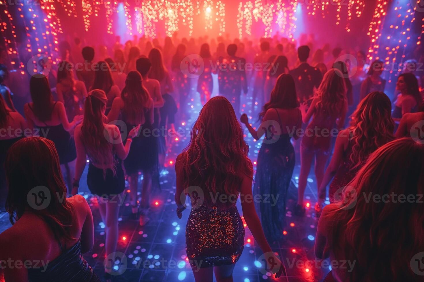 A vibrant party scene featuring young adults dancing amidst colorful lights and a festive atmosphere. photo