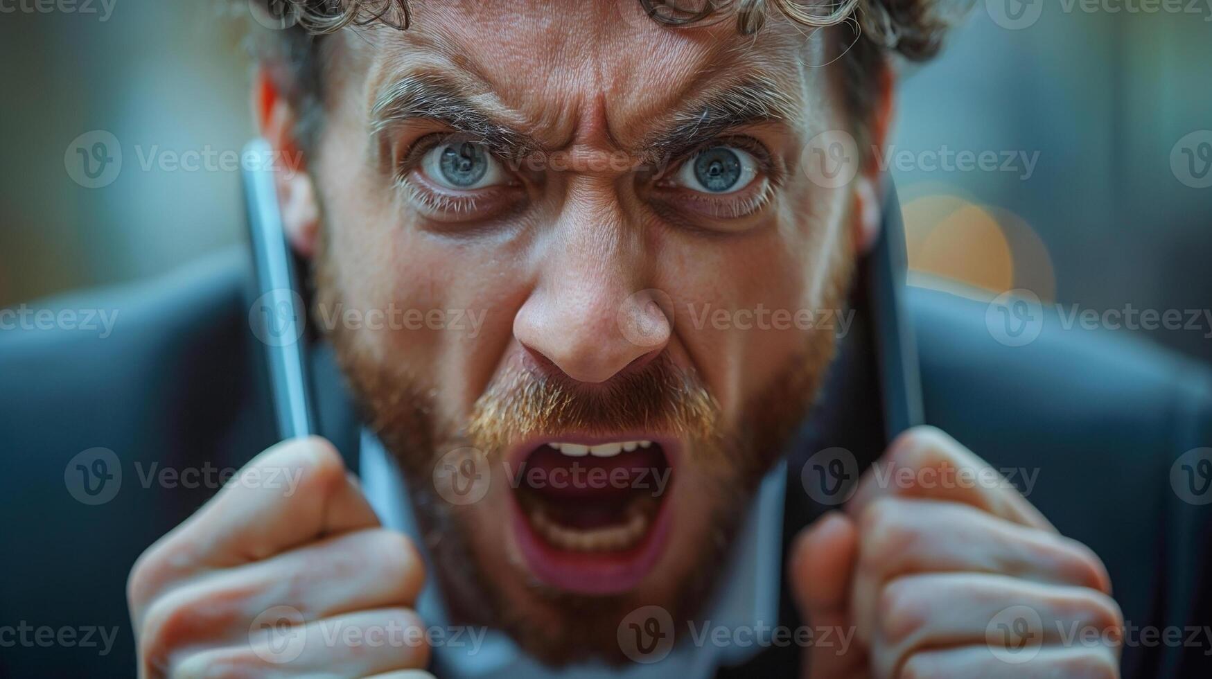 Angry Caucasian man in a suit expressing frustration with clenched phones, set against a blurred urban background. photo